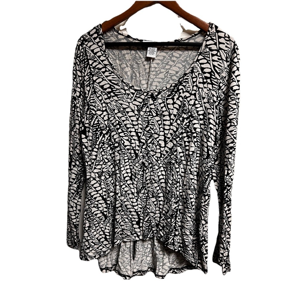 Grace Womens XL Black White Abstract Feather Print High Low Long Sleeve Top